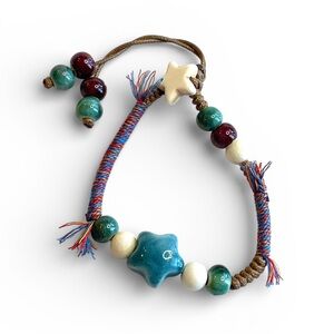 2 Star Bracelet White Teal White ceramic beaded Cord Adjustable